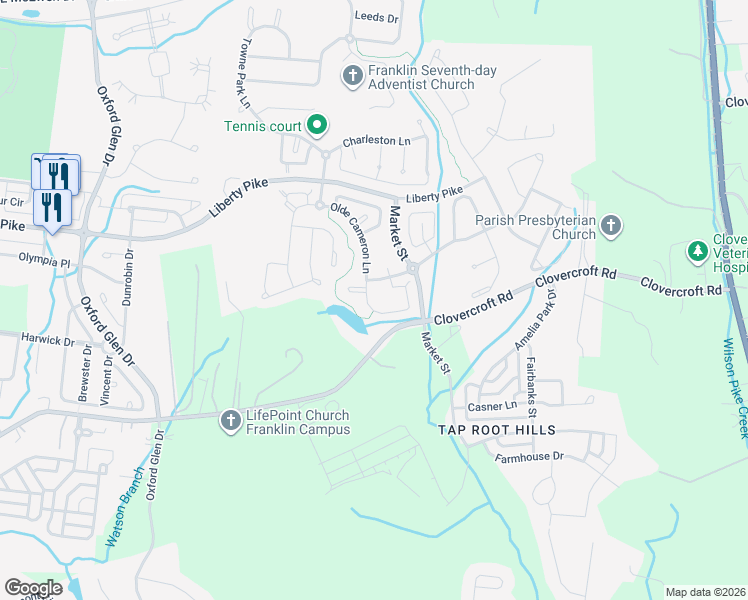 map of restaurants, bars, coffee shops, grocery stores, and more near 1166 Olde Cameron Lane in Franklin