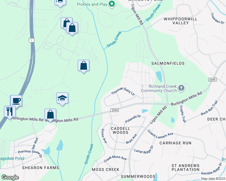 map of restaurants, bars, coffee shops, grocery stores, and more near 2989 Thurman Dairy Loop in Wake Forest