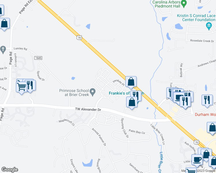 map of restaurants, bars, coffee shops, grocery stores, and more near 2511 Huntscroft Lane in Raleigh