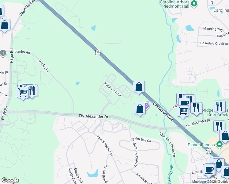 map of restaurants, bars, coffee shops, grocery stores, and more near 2511 Huntscroft Lane in Raleigh