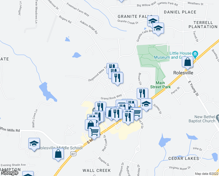 map of restaurants, bars, coffee shops, grocery stores, and more near 303 Leighann Ridge Lane in Rolesville