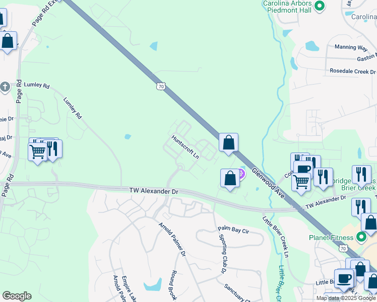 map of restaurants, bars, coffee shops, grocery stores, and more near 2511 Huntscroft Lane in Raleigh