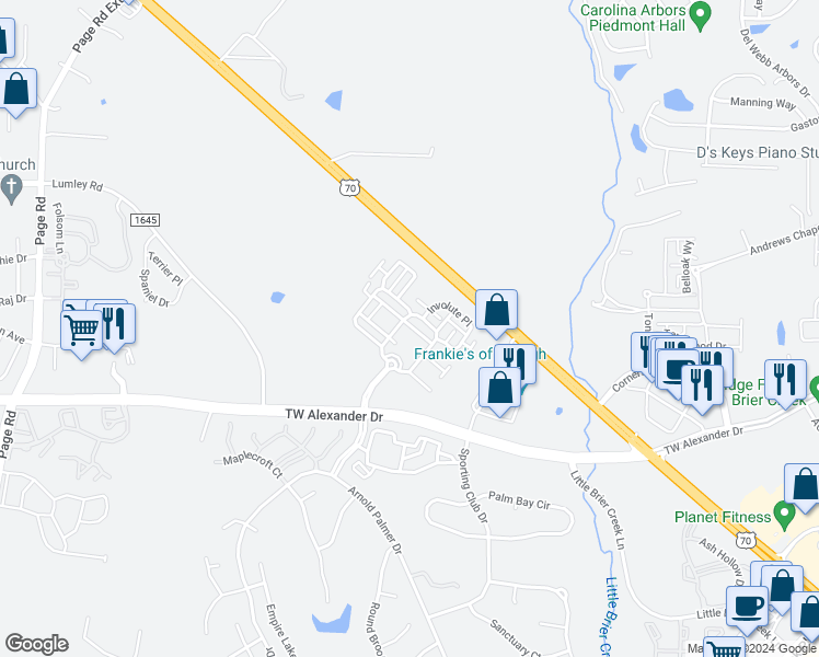map of restaurants, bars, coffee shops, grocery stores, and more near 2501 Vancastle Way in Raleigh