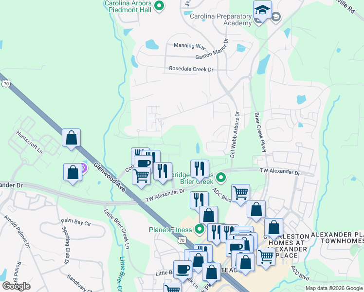 map of restaurants, bars, coffee shops, grocery stores, and more near 621 Brier Crossings Loop in Durham