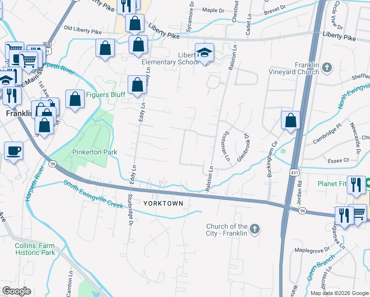 map of restaurants, bars, coffee shops, grocery stores, and more near 217 Pebble Glen Drive in Franklin