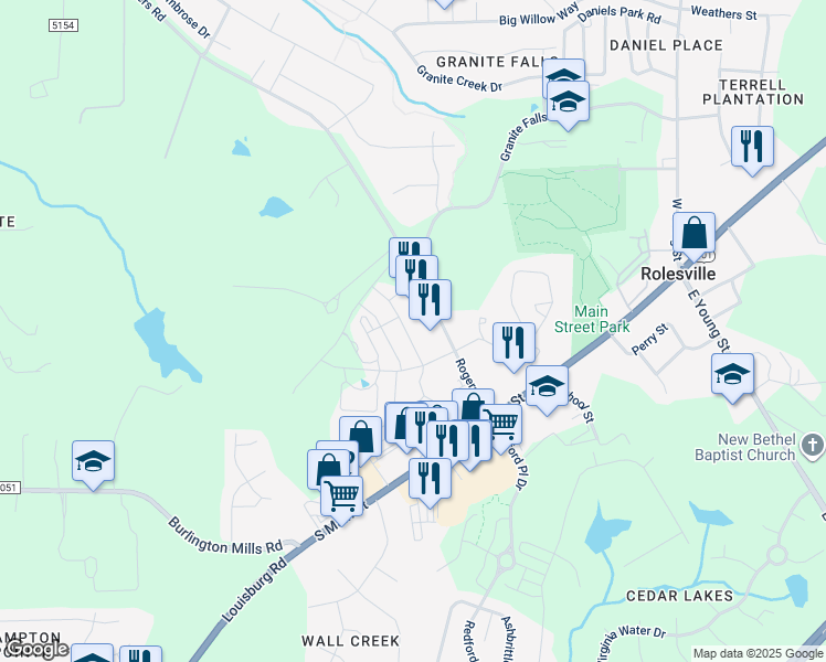 map of restaurants, bars, coffee shops, grocery stores, and more near 216 Leighann Ridge Lane in Rolesville