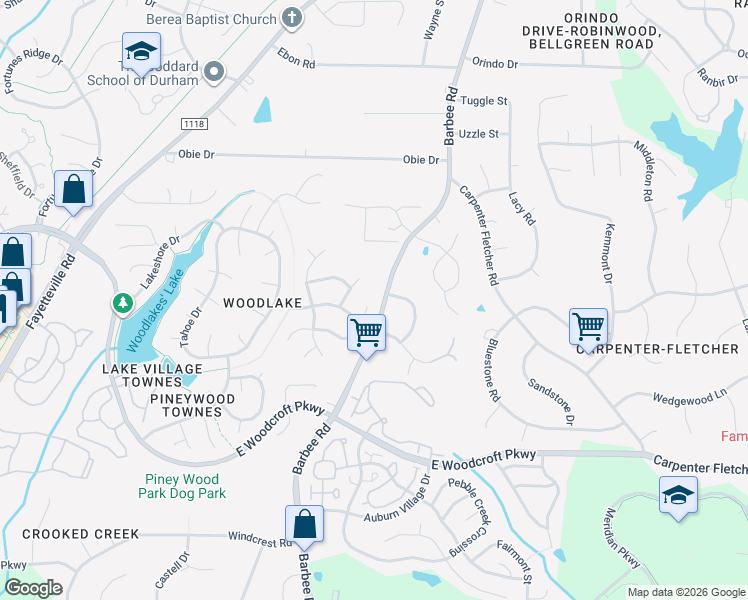 map of restaurants, bars, coffee shops, grocery stores, and more near 10 Red Bluff Court in Durham