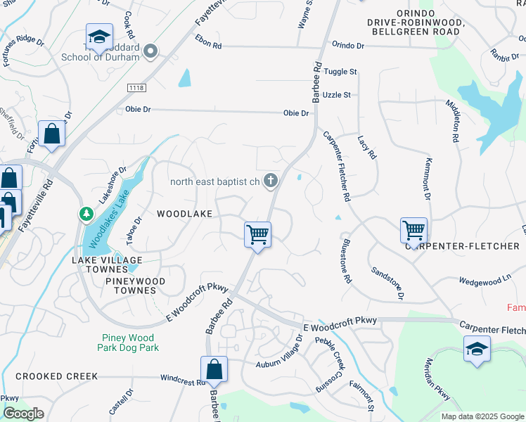 map of restaurants, bars, coffee shops, grocery stores, and more near 10 Red Bluff Court in Durham