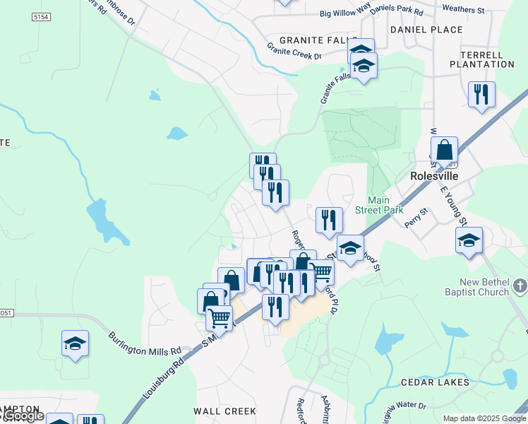 map of restaurants, bars, coffee shops, grocery stores, and more near 216 Leighann Ridge Lane in Rolesville