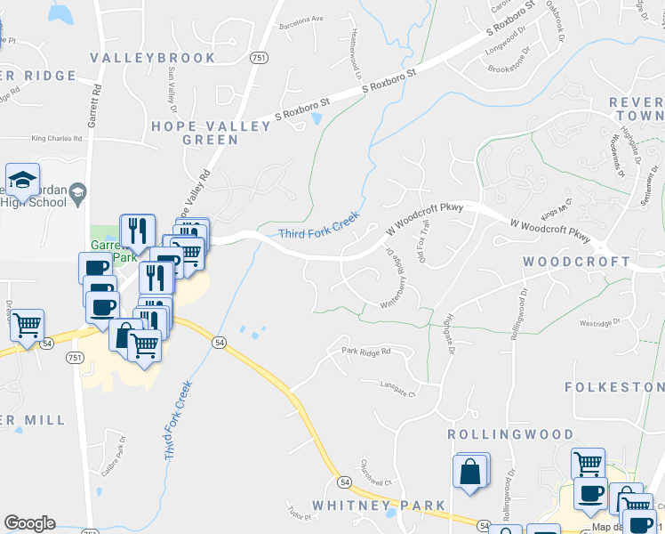 map of restaurants, bars, coffee shops, grocery stores, and more near 307 Winterberry Ridge Drive in Durham