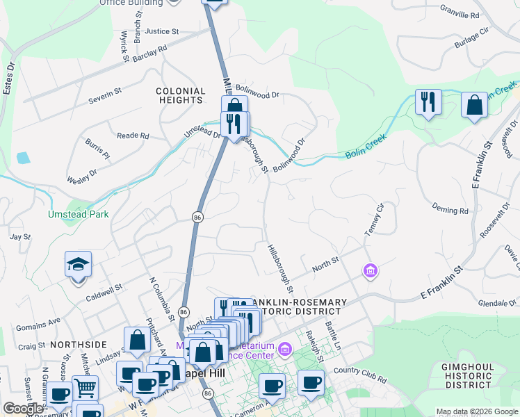 map of restaurants, bars, coffee shops, grocery stores, and more near 523 Hillsborough Street in Chapel Hill