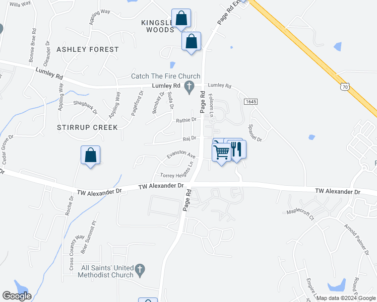 map of restaurants, bars, coffee shops, grocery stores, and more near 2606 Evanston Avenue in Durham