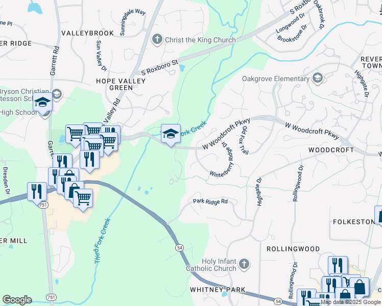 map of restaurants, bars, coffee shops, grocery stores, and more near 307 Winterberry Ridge Drive in Durham