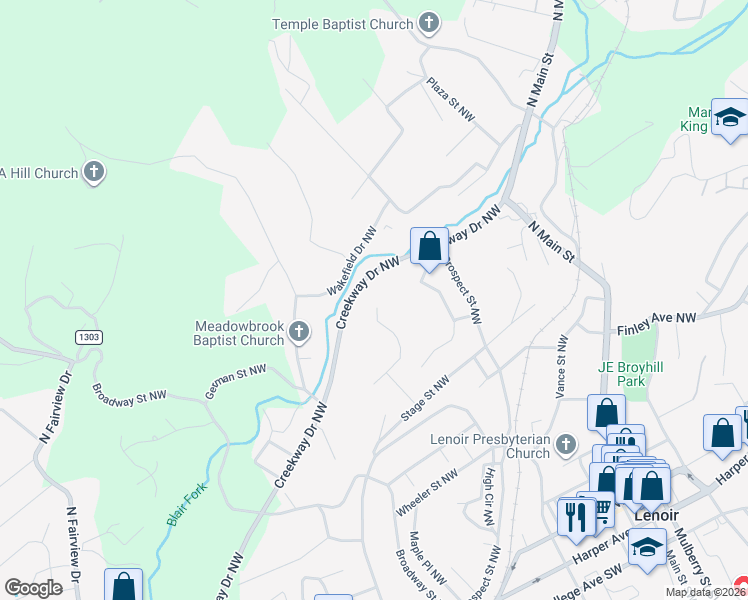 map of restaurants, bars, coffee shops, grocery stores, and more near 860 Corpening Place Northwest in Lenoir