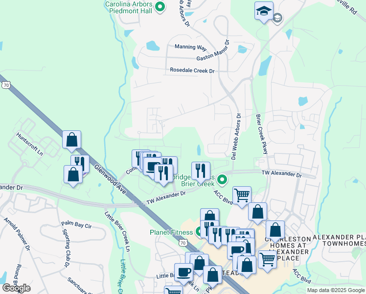 map of restaurants, bars, coffee shops, grocery stores, and more near 621 Brier Crossings Loop in Durham