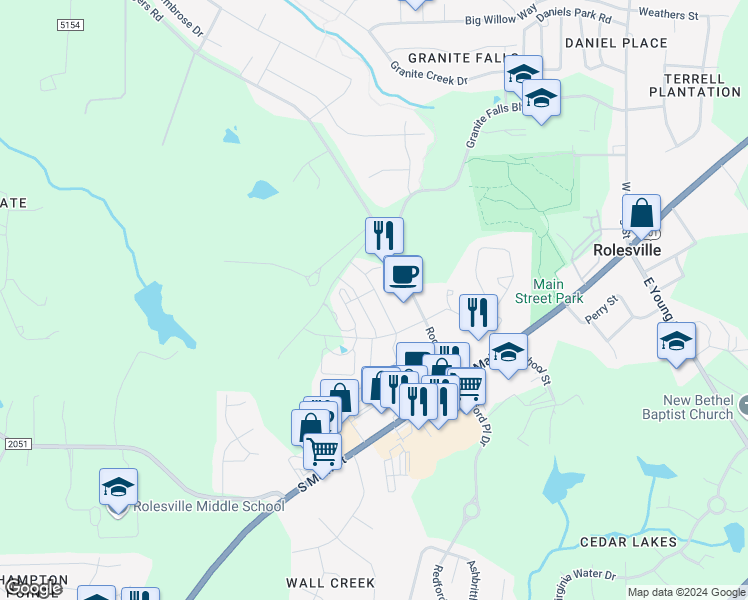 map of restaurants, bars, coffee shops, grocery stores, and more near 307 Leighann Ridge Lane in Rolesville