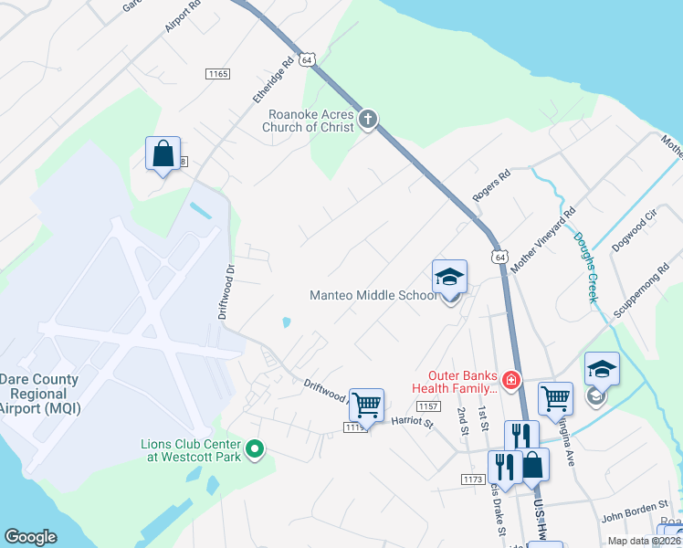 map of restaurants, bars, coffee shops, grocery stores, and more near 106 1st Colony Ct in Manteo