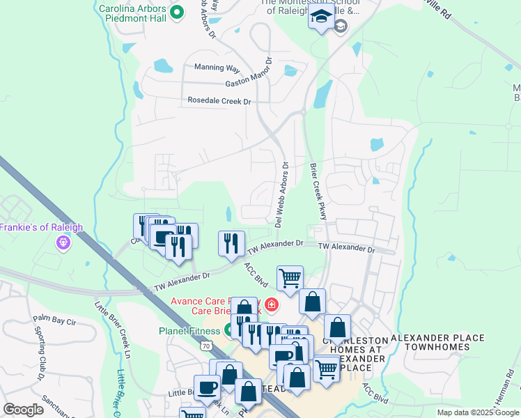 map of restaurants, bars, coffee shops, grocery stores, and more near 334 Brier Crossings Loop in Durham