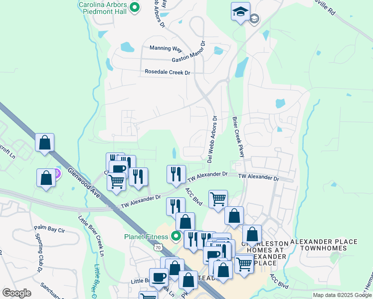 map of restaurants, bars, coffee shops, grocery stores, and more near 706 Brier Crossings Loop in Durham
