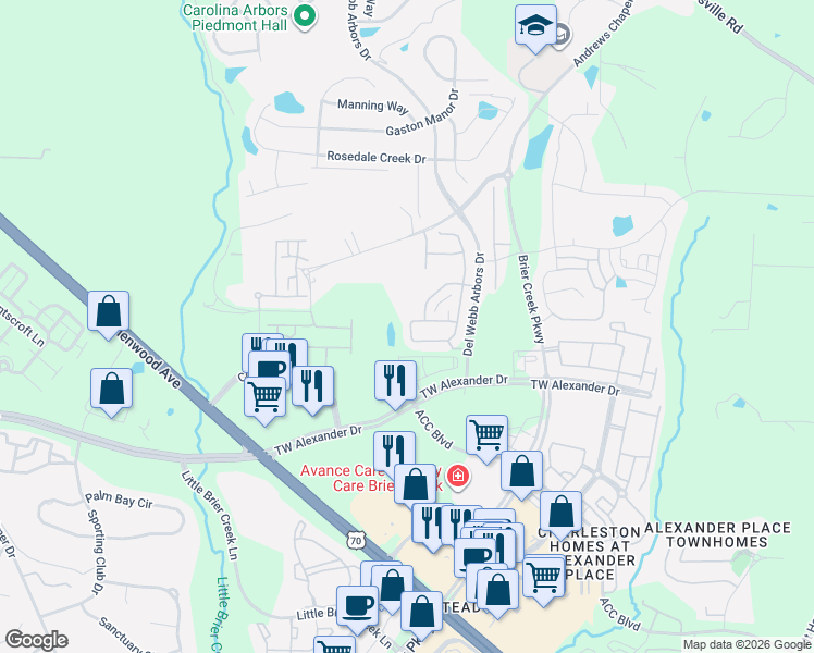map of restaurants, bars, coffee shops, grocery stores, and more near 252 Lynchwick Lane in Durham