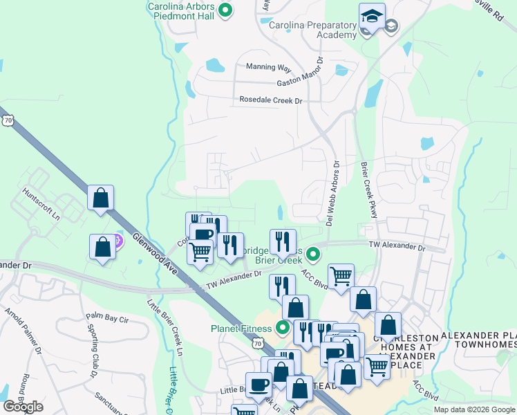 map of restaurants, bars, coffee shops, grocery stores, and more near 621 Brier Crossings Loop in Durham