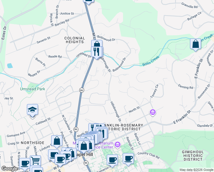 map of restaurants, bars, coffee shops, grocery stores, and more near 523 Hillsborough Street in Chapel Hill