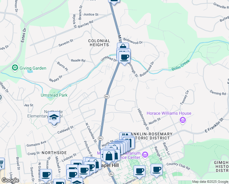 map of restaurants, bars, coffee shops, grocery stores, and more near 710 Martin Luther King Junior Boulevard in Chapel Hill