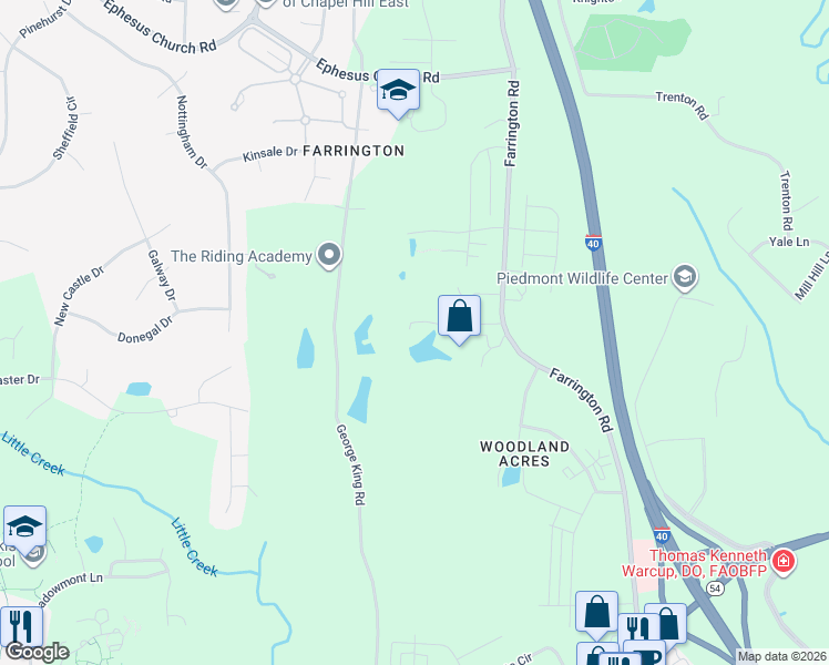 map of restaurants, bars, coffee shops, grocery stores, and more near 5312 Farrington Road in Chapel Hill