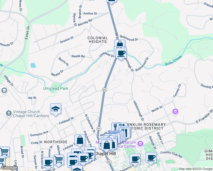 map of restaurants, bars, coffee shops, grocery stores, and more near 706 Martin Luther King Junior Boulevard in Chapel Hill