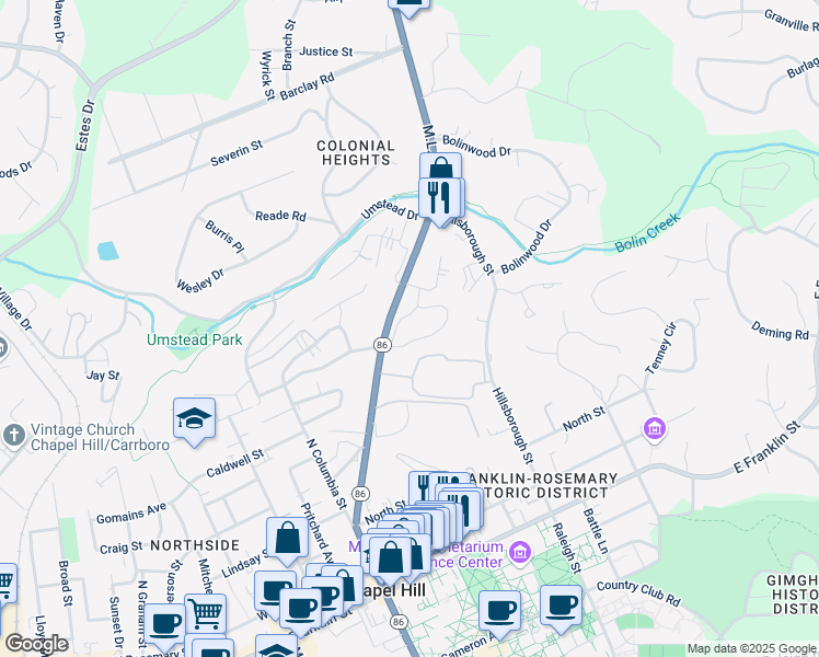 map of restaurants, bars, coffee shops, grocery stores, and more near 710 Martin Luther King Junior Boulevard in Chapel Hill