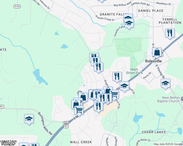 map of restaurants, bars, coffee shops, grocery stores, and more near 318 Leighann Ridge Lane in Rolesville