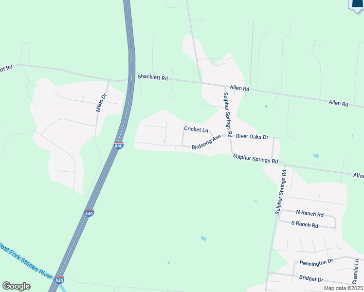 map of restaurants, bars, coffee shops, grocery stores, and more near Birdsong Avenue in Rutherford County