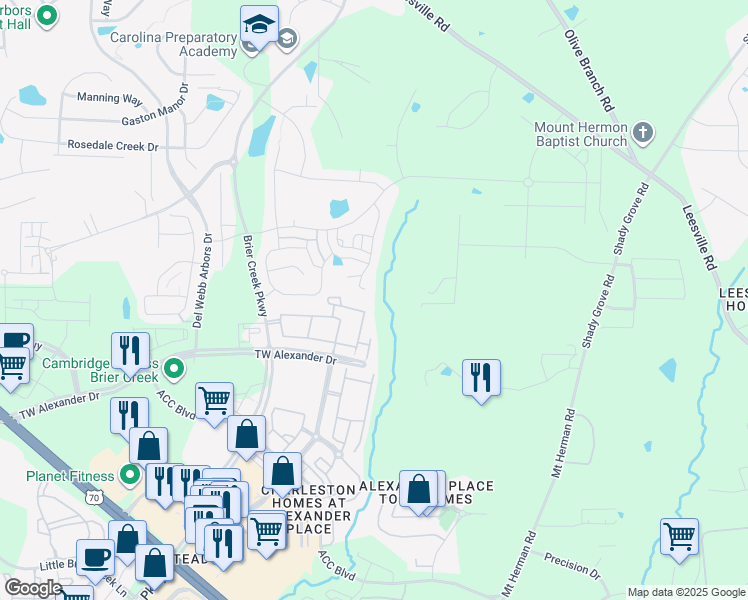 map of restaurants, bars, coffee shops, grocery stores, and more near 3272 Blue Hill Lane in Durham