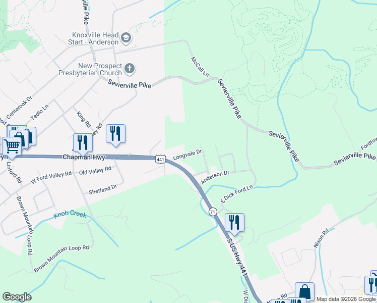 map of restaurants, bars, coffee shops, grocery stores, and more near 117 Longvale Drive in Knoxville