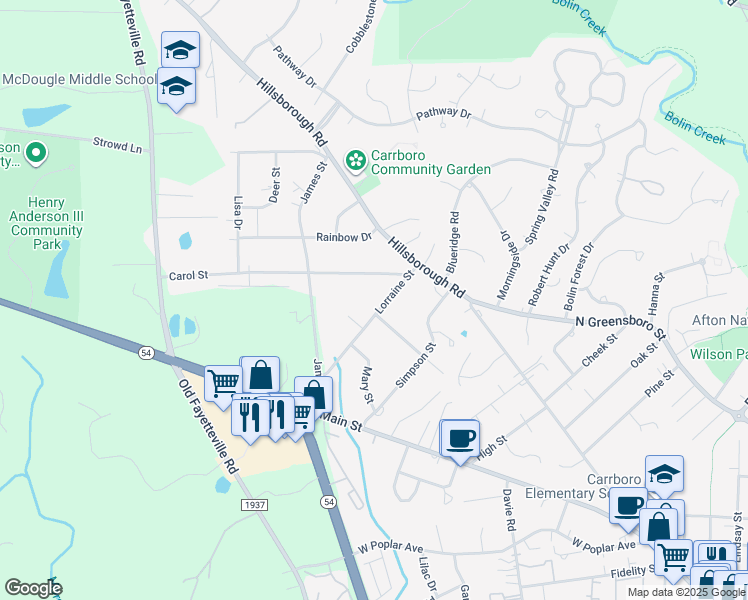 map of restaurants, bars, coffee shops, grocery stores, and more near 204 Lorraine Street in Carrboro