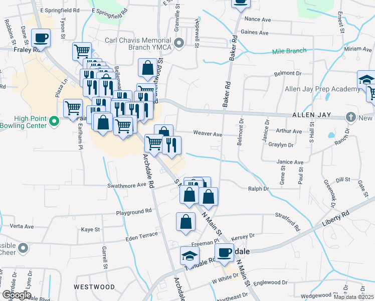 map of restaurants, bars, coffee shops, grocery stores, and more near 120 East Swathmore Avenue in High Point