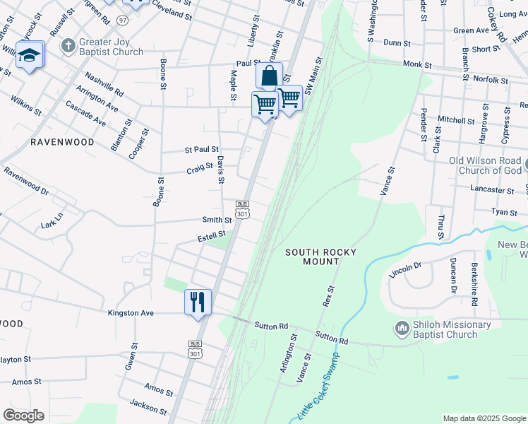 map of restaurants, bars, coffee shops, grocery stores, and more near 1704 Southwest Main Street in Rocky Mount