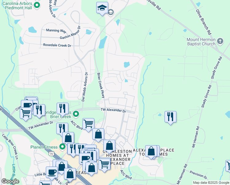 map of restaurants, bars, coffee shops, grocery stores, and more near 407 Shale Creek Drive in Durham