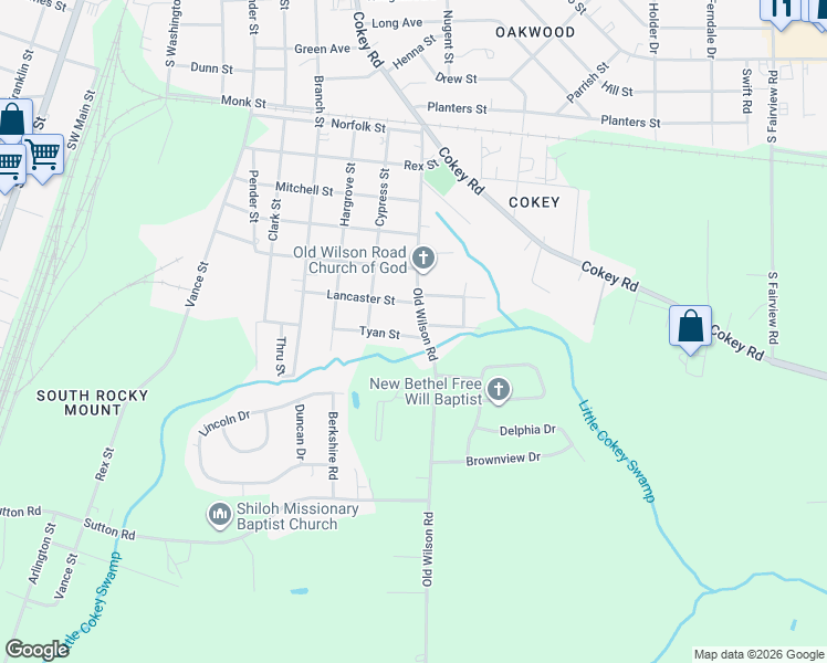 map of restaurants, bars, coffee shops, grocery stores, and more near 1614 Old Wilson Road in Rocky Mount