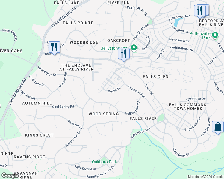 map of restaurants, bars, coffee shops, grocery stores, and more near 2244 Dunlin Lane in Raleigh