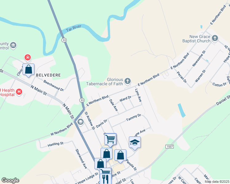 map of restaurants, bars, coffee shops, grocery stores, and more near 502 East Northern Boulevard in Tarboro