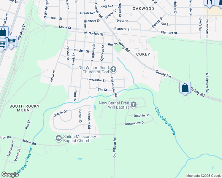 map of restaurants, bars, coffee shops, grocery stores, and more near 1614 Old Wilson Road in Rocky Mount