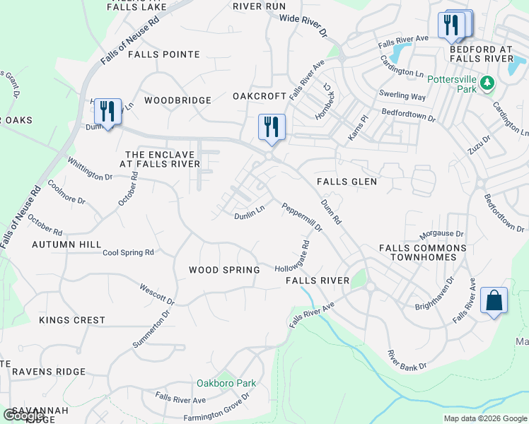 map of restaurants, bars, coffee shops, grocery stores, and more near 2205 Dunlin Lane in Raleigh