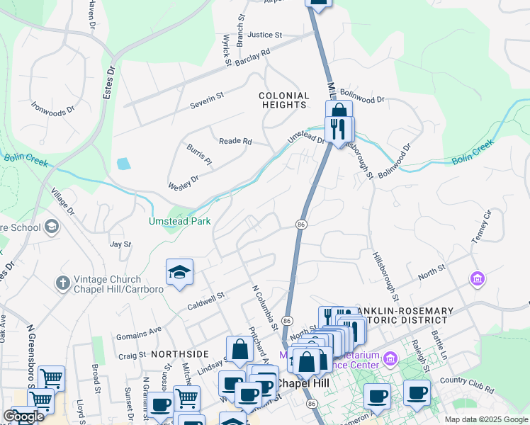 map of restaurants, bars, coffee shops, grocery stores, and more near 102 Columbia Place Drive in Chapel Hill