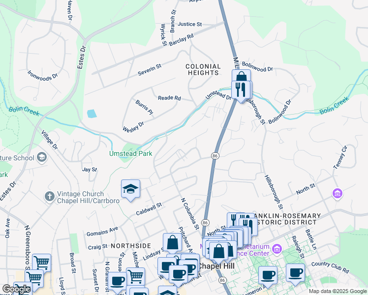 map of restaurants, bars, coffee shops, grocery stores, and more near 220 Columbia Place East in Chapel Hill