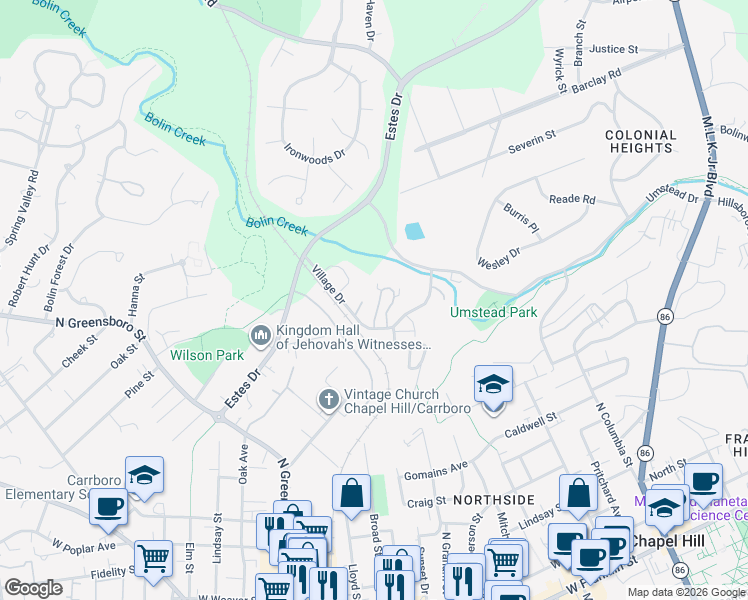 map of restaurants, bars, coffee shops, grocery stores, and more near 172 Ridge Trail in Chapel Hill