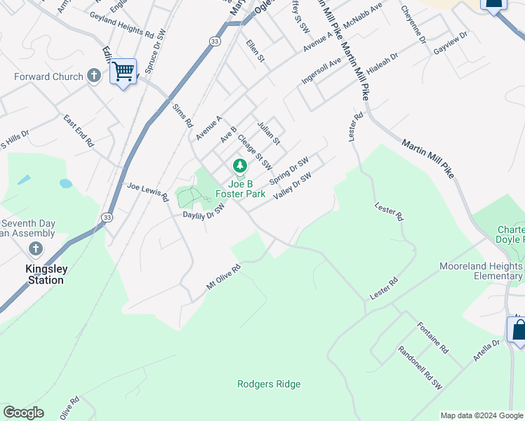 map of restaurants, bars, coffee shops, grocery stores, and more near 1125 Valley Drive Southwest in Knoxville