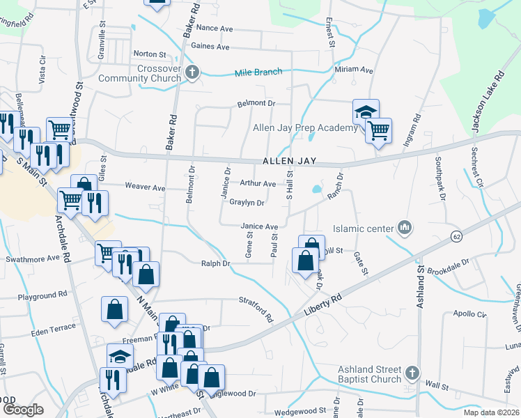 map of restaurants, bars, coffee shops, grocery stores, and more near 826 Graylyn Drive in High Point