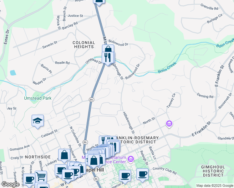 map of restaurants, bars, coffee shops, grocery stores, and more near 515 Hillsborough Street in Chapel Hill