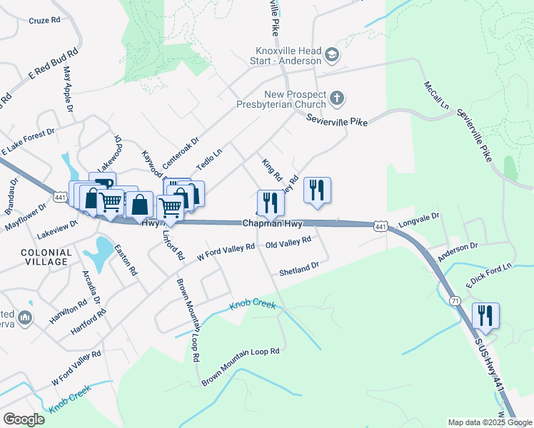 map of restaurants, bars, coffee shops, grocery stores, and more near 302 East Ford Valley Road in Knoxville
